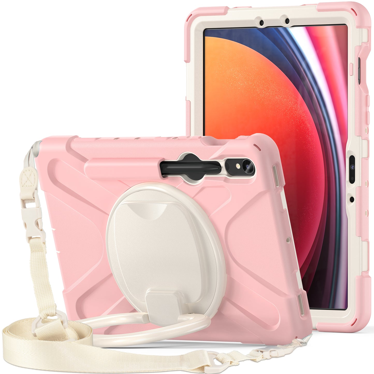 For Samsung Galaxy Tab S9 FE / S9 / S8 / S7 PC+Silicone Protective Case Rotating Kickstand Rugged Tablet Cover with Shoulder Strap - Pink