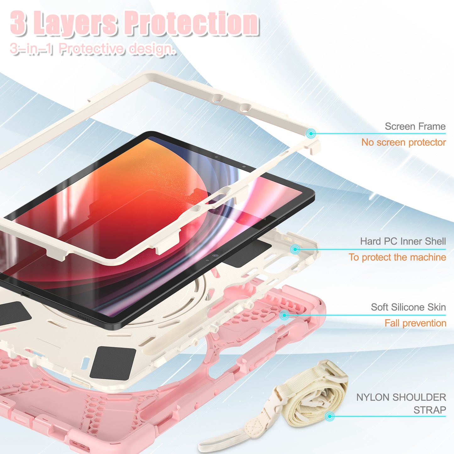 For Samsung Galaxy Tab S9 FE / S9 / S8 / S7 PC+Silicone Protective Case Rotating Kickstand Rugged Tablet Cover with Shoulder Strap - Pink