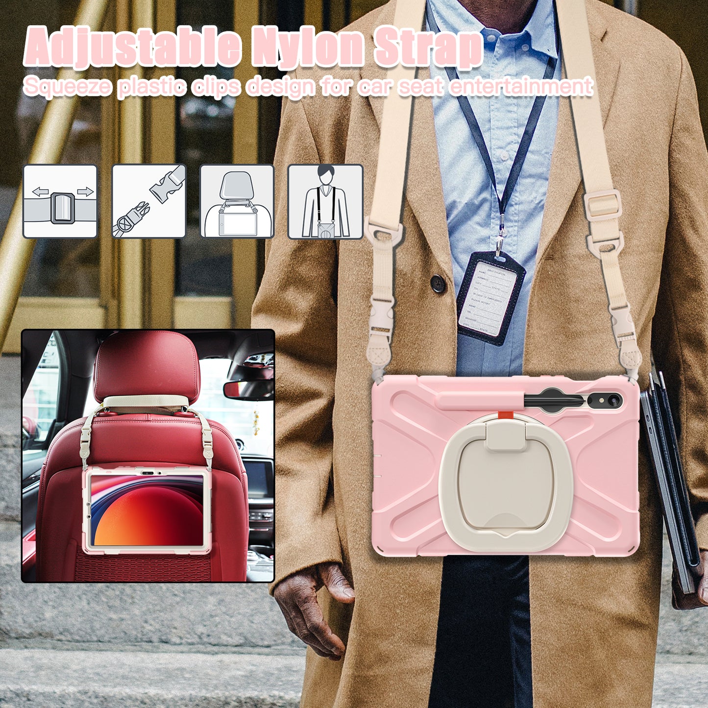 For Samsung Galaxy Tab S9 FE / S9 / S8 / S7 PC+Silicone Protective Case Rotating Kickstand Rugged Tablet Cover with Shoulder Strap - Pink