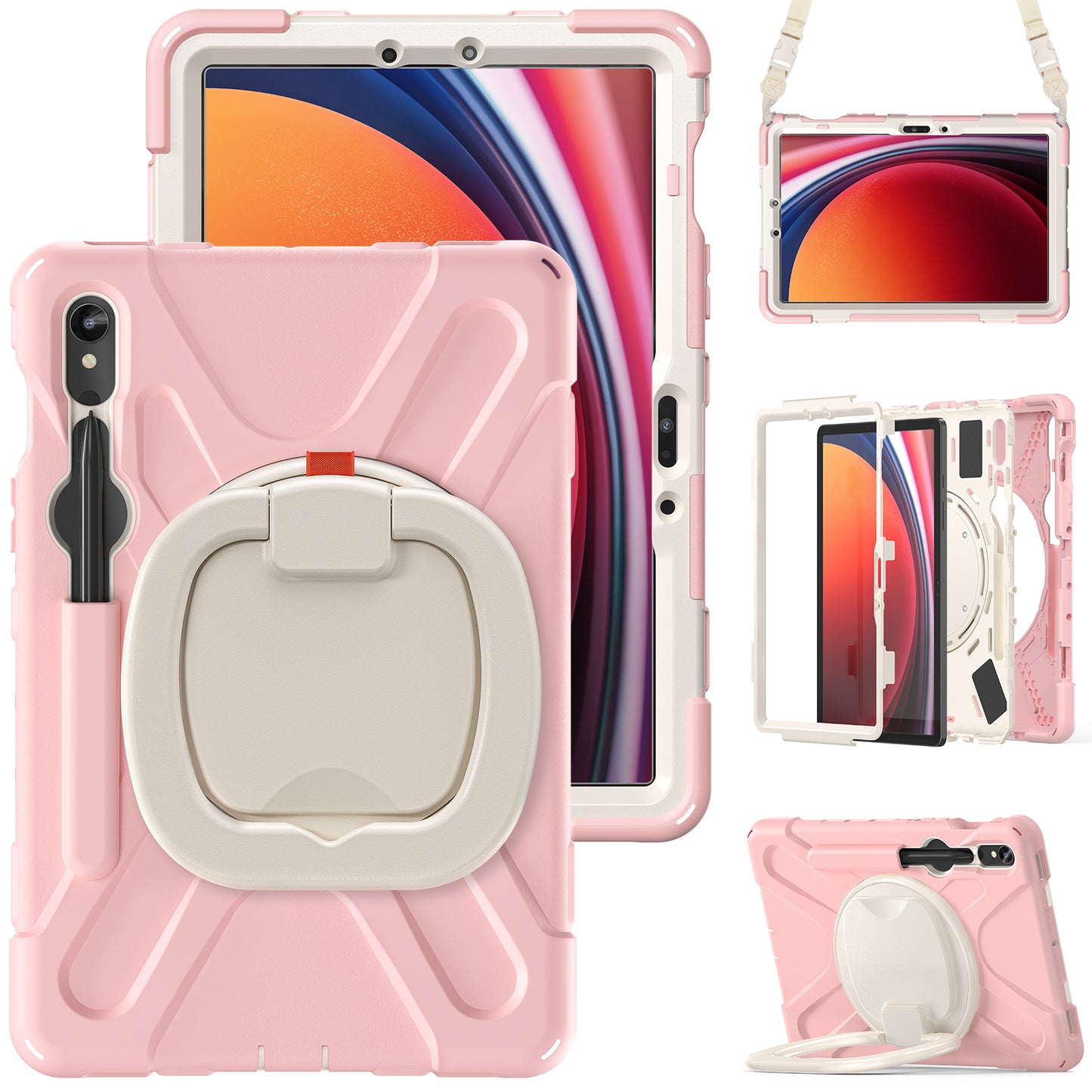 For Samsung Galaxy Tab S9 FE / S9 / S8 / S7 PC+Silicone Protective Case Rotating Kickstand Rugged Tablet Cover with Shoulder Strap - Pink