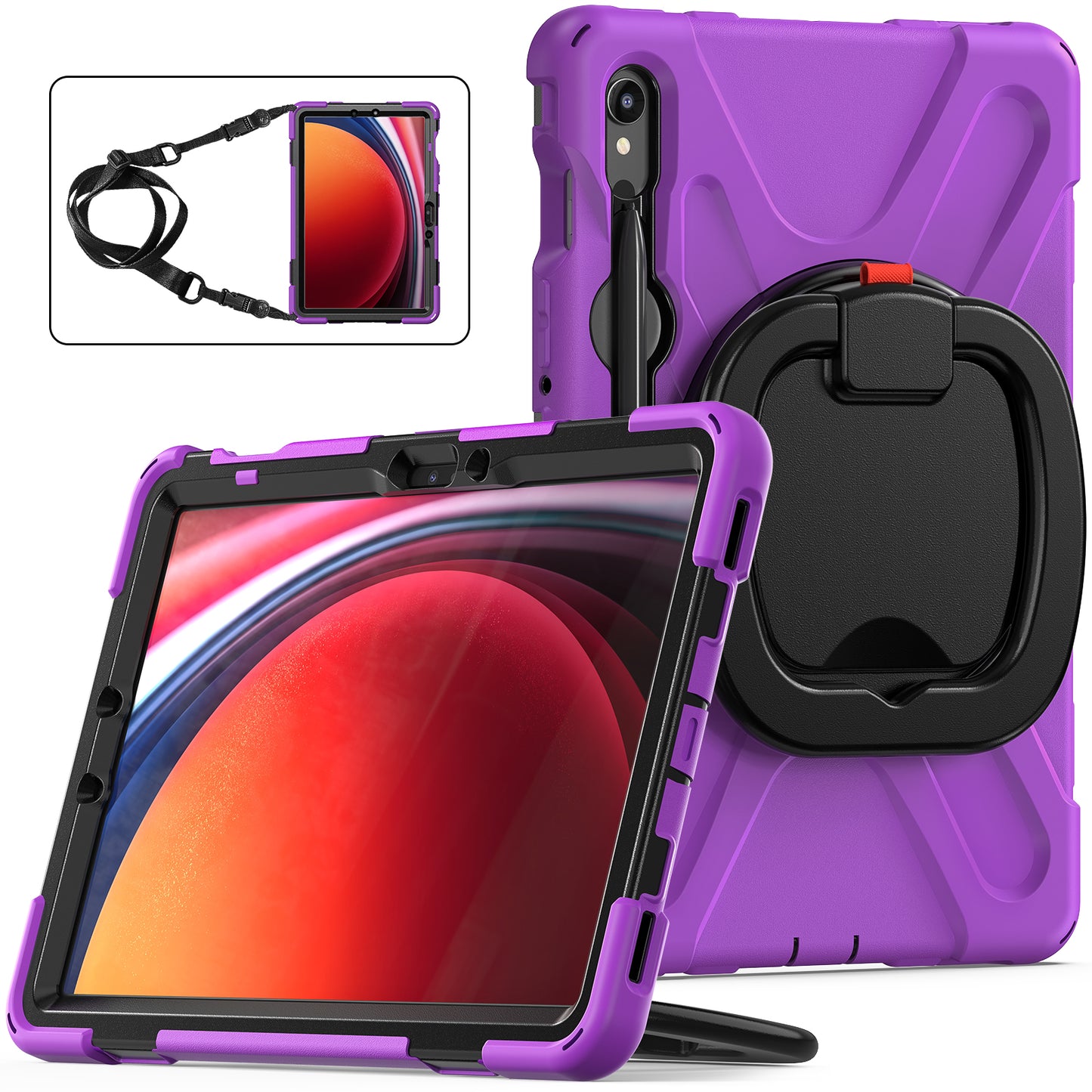 For Samsung Galaxy Tab S9 FE / S9 / S8 / S7 PC+Silicone Protective Case Rotating Kickstand Rugged Tablet Cover with Shoulder Strap - Purple