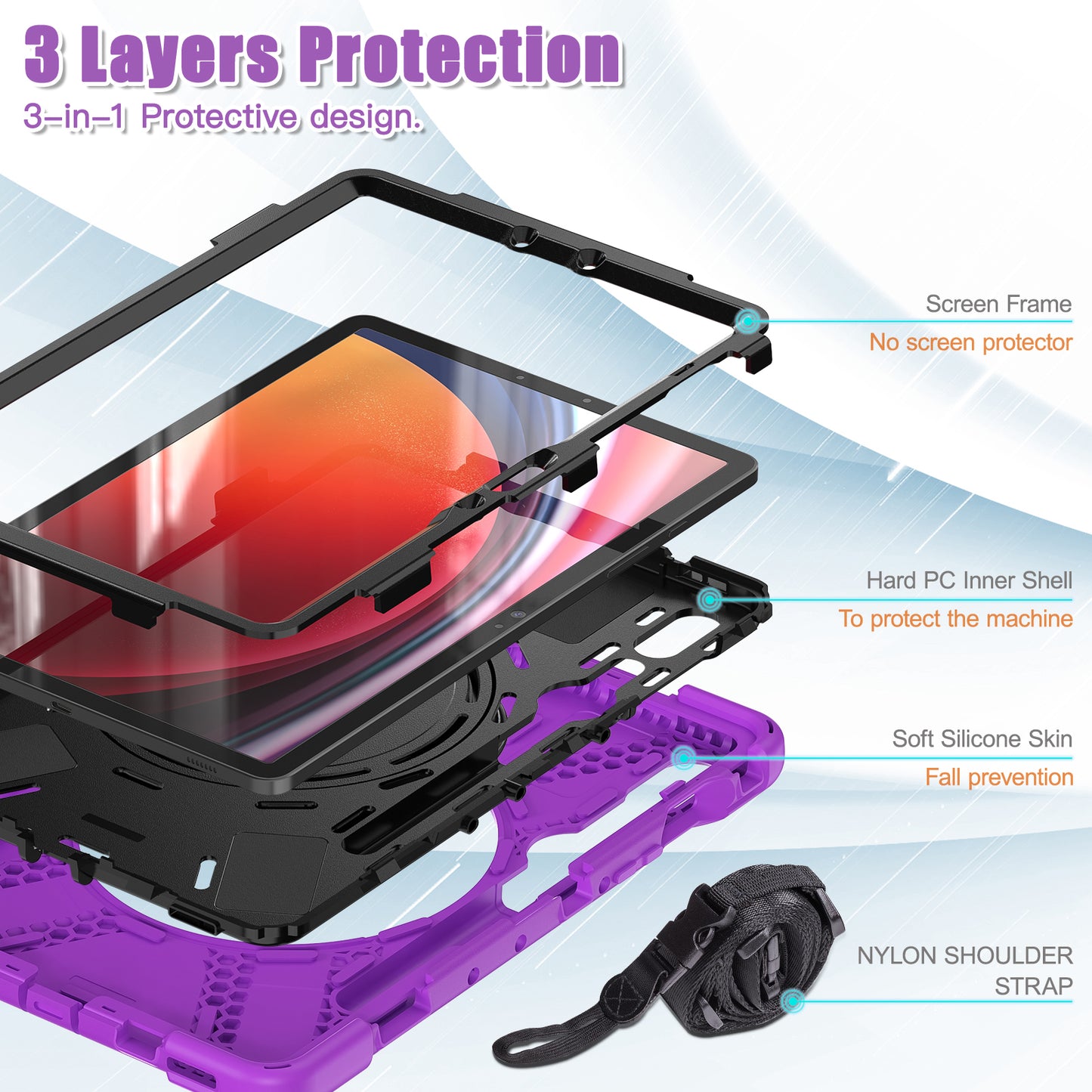 For Samsung Galaxy Tab S9 FE / S9 / S8 / S7 PC+Silicone Protective Case Rotating Kickstand Rugged Tablet Cover with Shoulder Strap - Purple