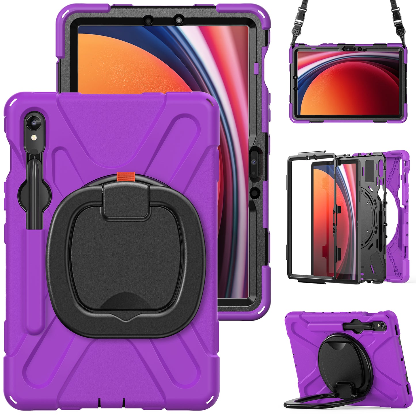 For Samsung Galaxy Tab S9 FE / S9 / S8 / S7 PC+Silicone Protective Case Rotating Kickstand Rugged Tablet Cover with Shoulder Strap - Purple