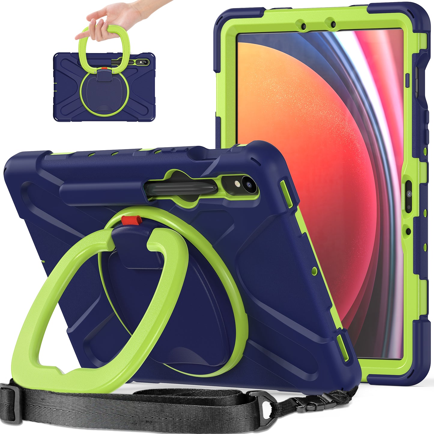 For Samsung Galaxy Tab S9 FE / S9 / S8 / S7 PC+Silicone Protective Case Rotating Kickstand Rugged Tablet Cover with Shoulder Strap - Navy Blue+Yellowgreen