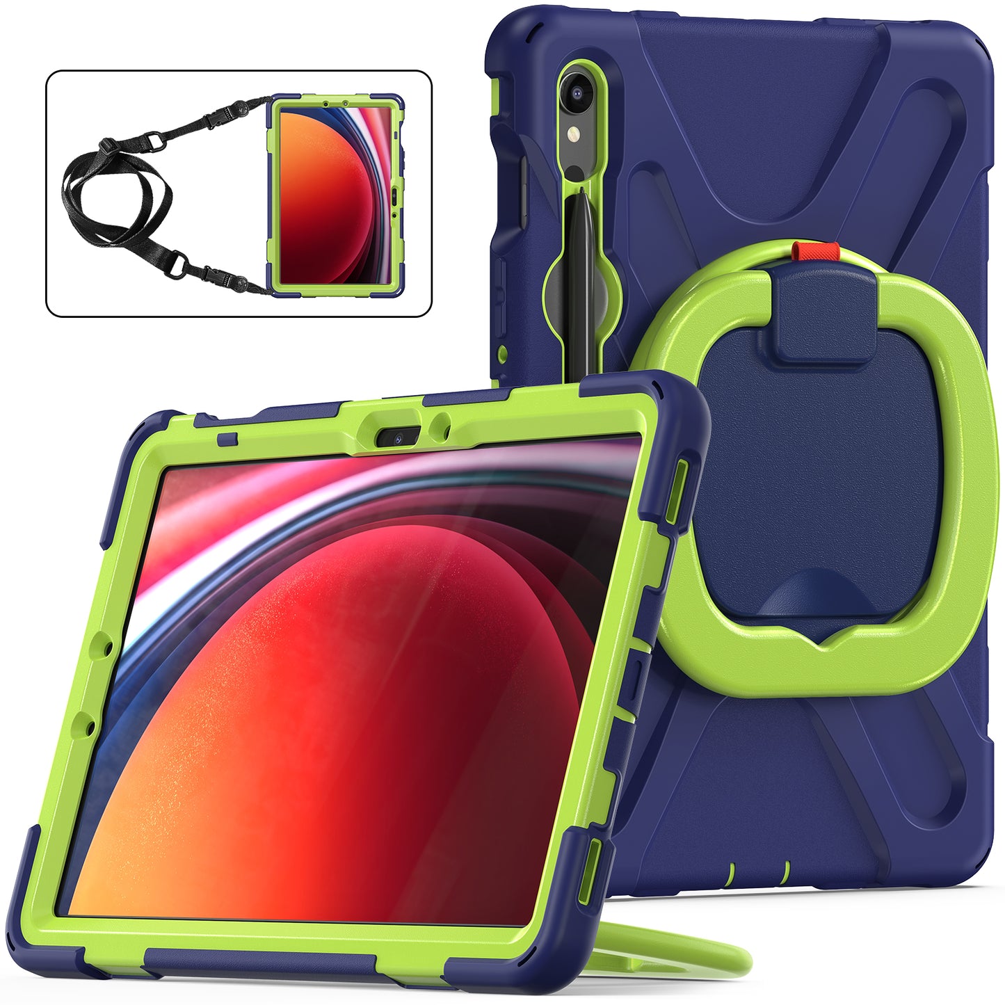 For Samsung Galaxy Tab S9 FE / S9 / S8 / S7 PC+Silicone Protective Case Rotating Kickstand Rugged Tablet Cover with Shoulder Strap - Navy Blue+Yellowgreen
