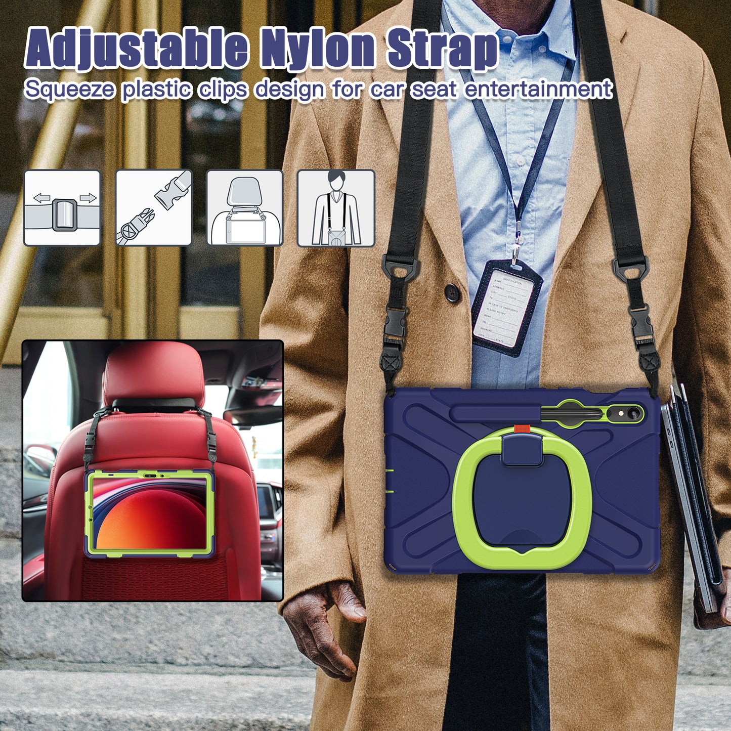 For Samsung Galaxy Tab S9 FE / S9 / S8 / S7 PC+Silicone Protective Case Rotating Kickstand Rugged Tablet Cover with Shoulder Strap - Navy Blue+Yellowgreen