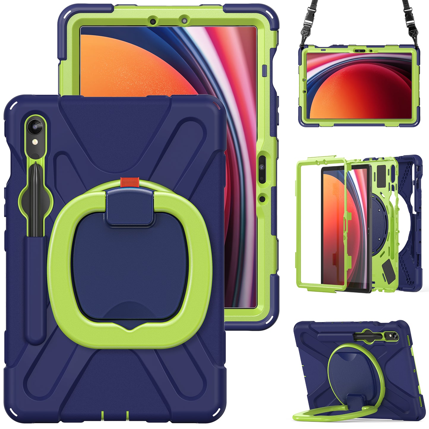 For Samsung Galaxy Tab S9 FE / S9 / S8 / S7 PC+Silicone Protective Case Rotating Kickstand Rugged Tablet Cover with Shoulder Strap - Navy Blue+Yellowgreen