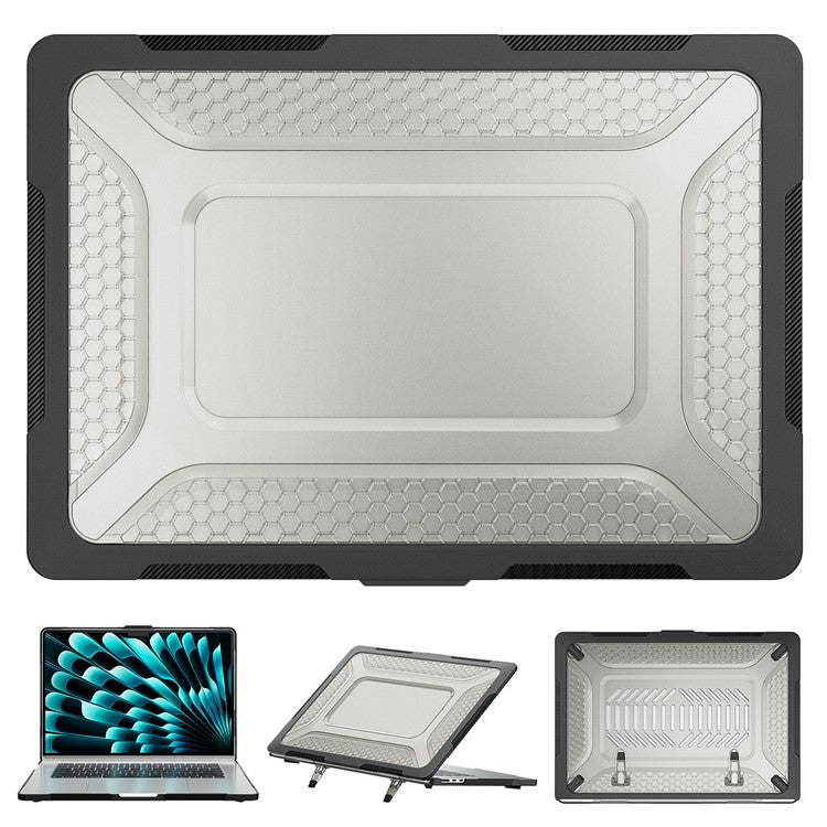 For Macbook Air 15 inch (2025) / (2024) A3114 M3 / (2023) M2 A2941 Anti-Slip Laptop Case Honeycomb Heat Dissipation Kickstand PC+TPU Cover - Black
