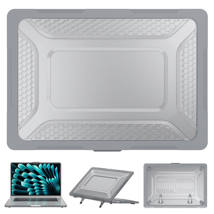 For Macbook Air 15 inch (2025) / (2024) A3114 M3 / (2023) M2 A2941 Anti-Slip Laptop Case Honeycomb Heat Dissipation Kickstand PC+TPU Cover - Grey