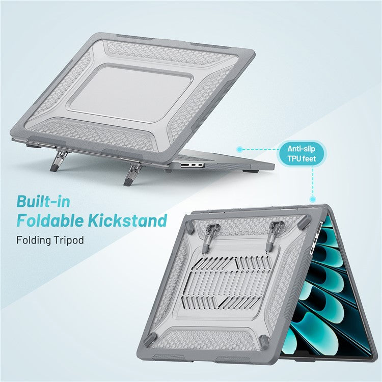 For Macbook Air 15 inch (2025) / (2024) A3114 M3 / (2023) M2 A2941 Anti-Slip Laptop Case Honeycomb Heat Dissipation Kickstand PC+TPU Cover - Grey