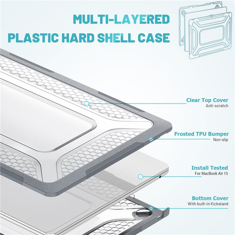For Macbook Air 15 inch (2025) / (2024) A3114 M3 / (2023) M2 A2941 Anti-Slip Laptop Case Honeycomb Heat Dissipation Kickstand PC+TPU Cover - Grey