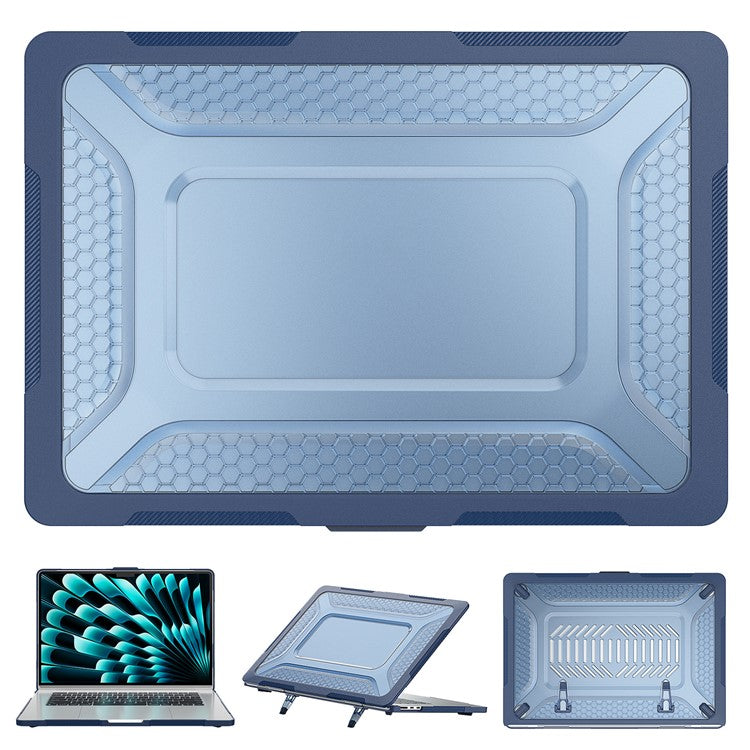 For Macbook Air 15 inch (2025) / (2024) A3114 M3 / (2023) M2 A2941 Anti-Slip Laptop Case Honeycomb Heat Dissipation Kickstand PC+TPU Cover - Sapphire