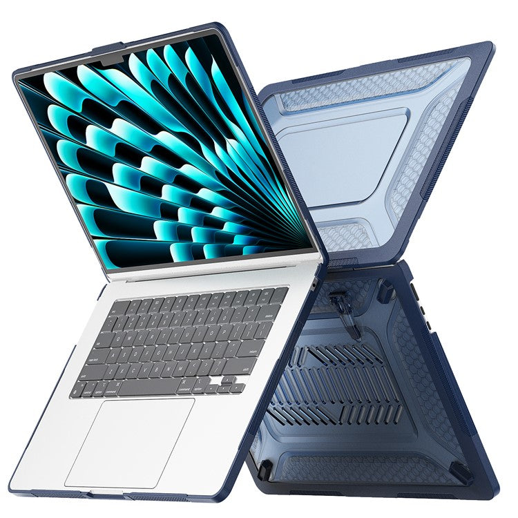 For Macbook Air 15 inch (2025) / (2024) A3114 M3 / (2023) M2 A2941 Anti-Slip Laptop Case Honeycomb Heat Dissipation Kickstand PC+TPU Cover - Sapphire
