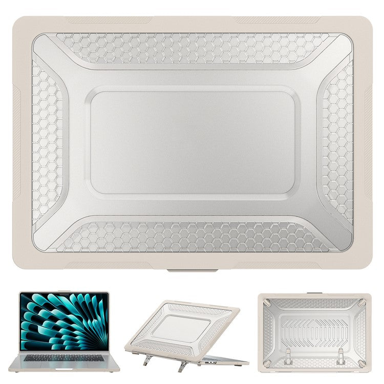 For Macbook Air 15 inch (2025) / (2024) A3114 M3 / (2023) M2 A2941 Anti-Slip Laptop Case Honeycomb Heat Dissipation Kickstand PC+TPU Cover - Apricot