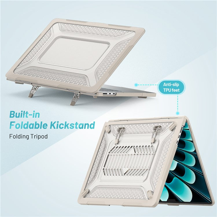 For Macbook Air 15 inch (2025) / (2024) A3114 M3 / (2023) M2 A2941 Anti-Slip Laptop Case Honeycomb Heat Dissipation Kickstand PC+TPU Cover - Apricot