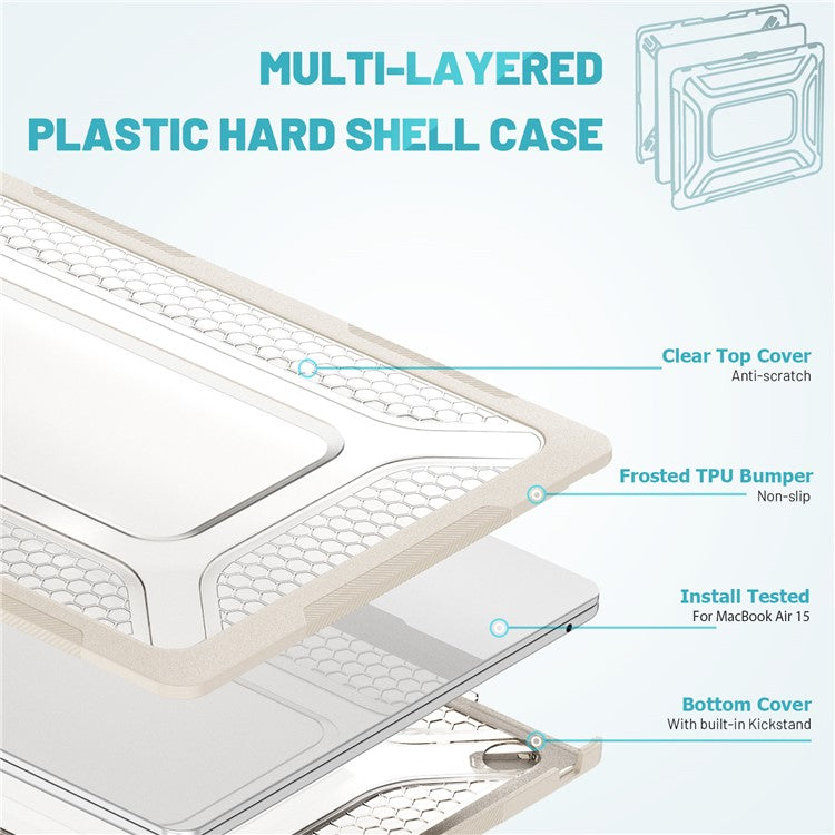 For Macbook Air 15 inch (2025) / (2024) A3114 M3 / (2023) M2 A2941 Anti-Slip Laptop Case Honeycomb Heat Dissipation Kickstand PC+TPU Cover - Apricot