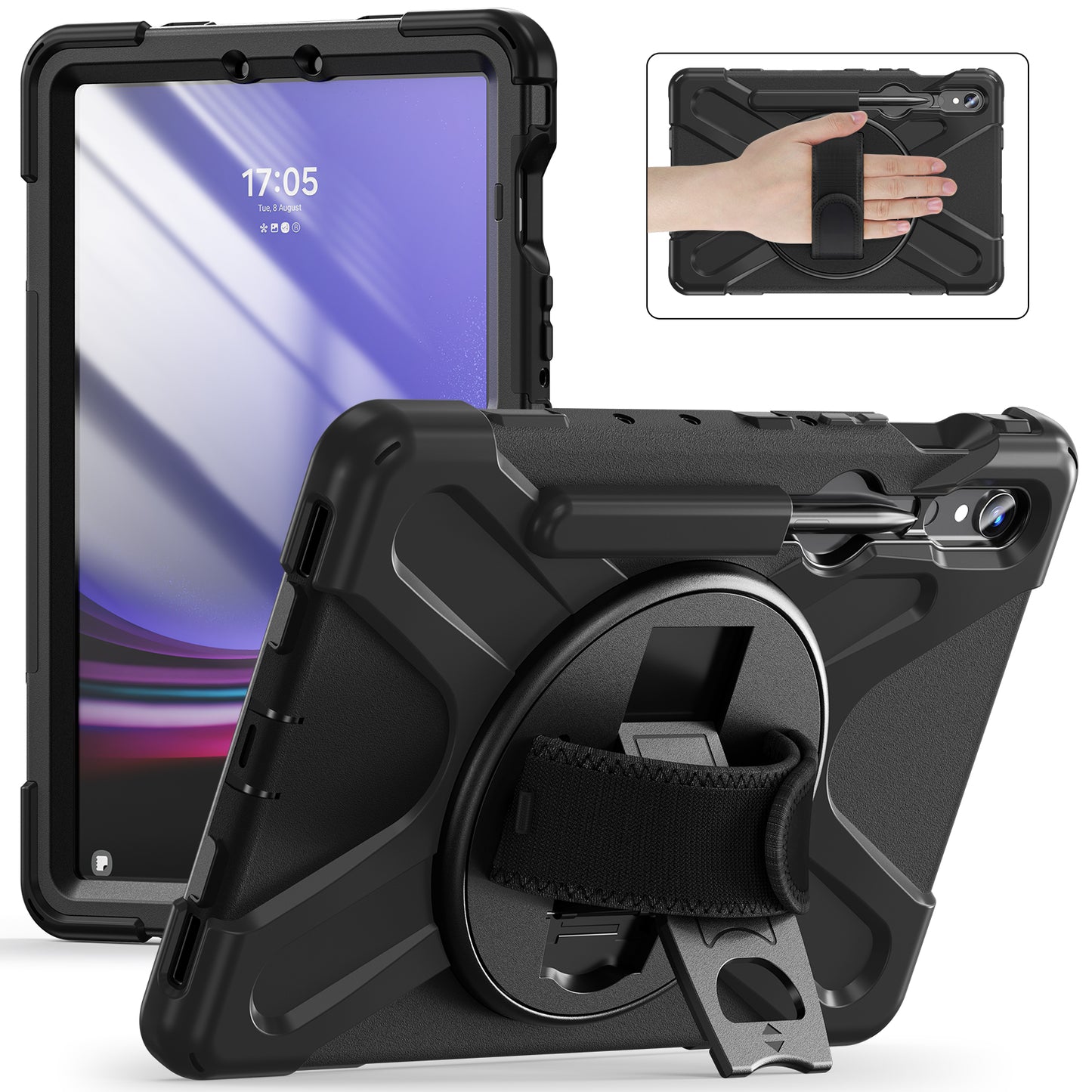 For Samsung Galaxy Tab S9 FE / S9 X710 / S8 X700 / S7 T870 Wrist Strap Tablet Case PC+Silicone Kickstand Protective Cover - Black