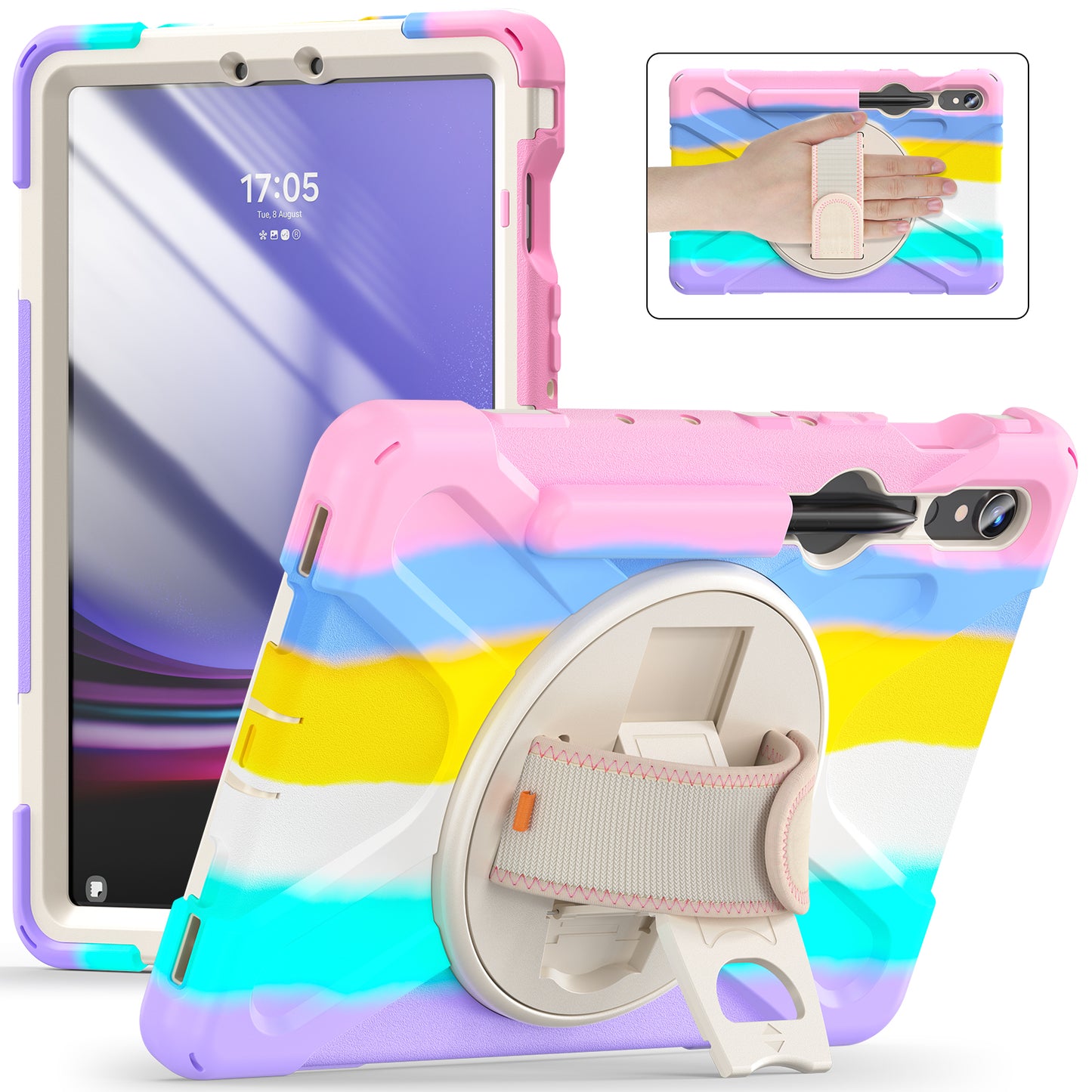 For Samsung Galaxy Tab S9 FE / S9 X710 / S8 X700 / S7 T870 Wrist Strap Tablet Case PC+Silicone Kickstand Protective Cover - Colorful Pink