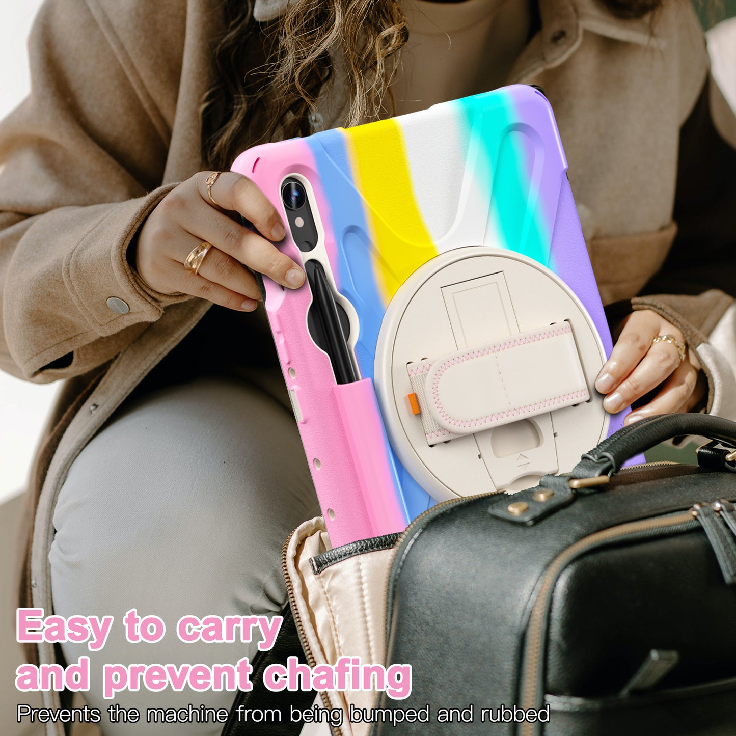 For Samsung Galaxy Tab S9 FE / S9 X710 / S8 X700 / S7 T870 Wrist Strap Tablet Case PC+Silicone Kickstand Protective Cover - Colorful Pink