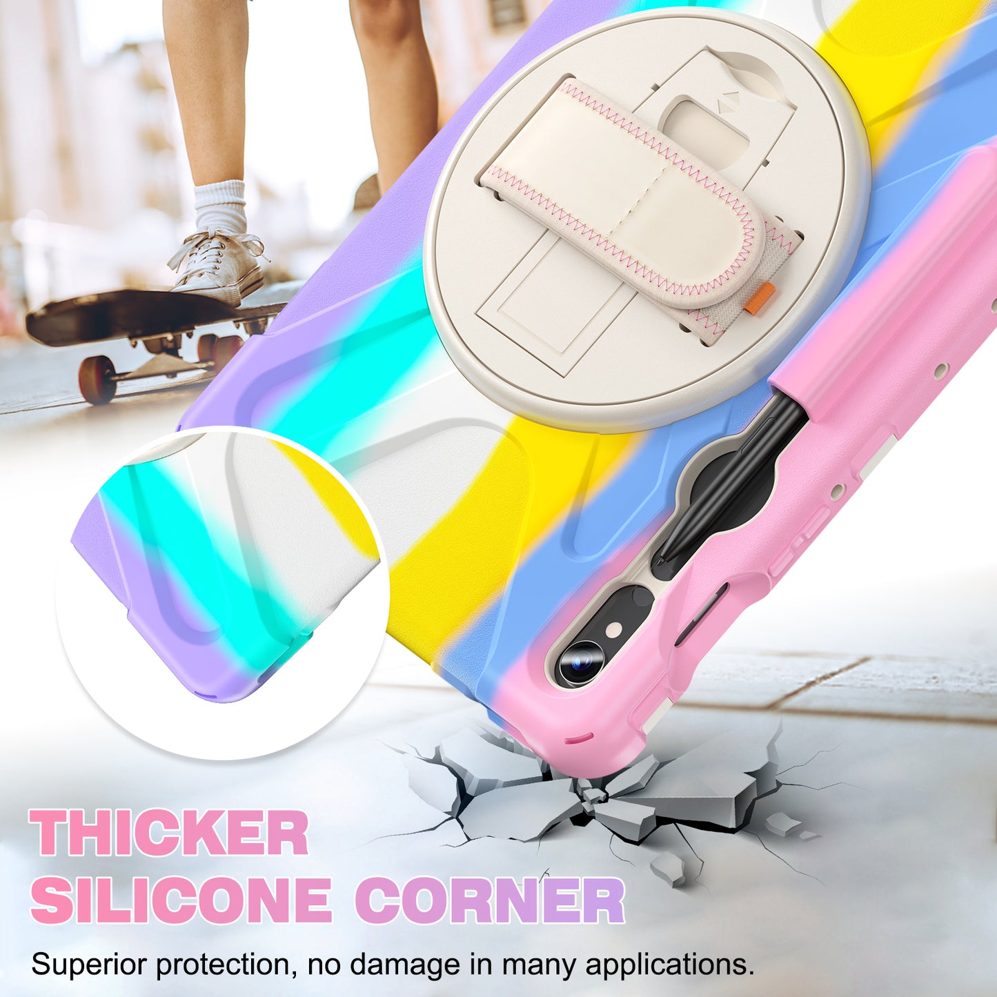 For Samsung Galaxy Tab S9 FE / S9 X710 / S8 X700 / S7 T870 Wrist Strap Tablet Case PC+Silicone Kickstand Protective Cover - Colorful Pink