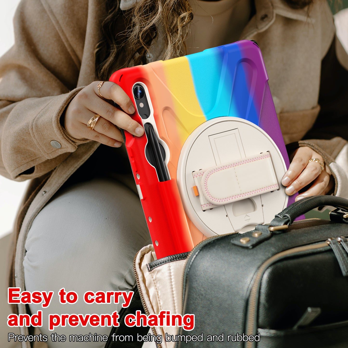 For Samsung Galaxy Tab S9 FE / S9 X710 / S8 X700 / S7 T870 Wrist Strap Tablet Case PC+Silicone Kickstand Protective Cover - Colorful Red