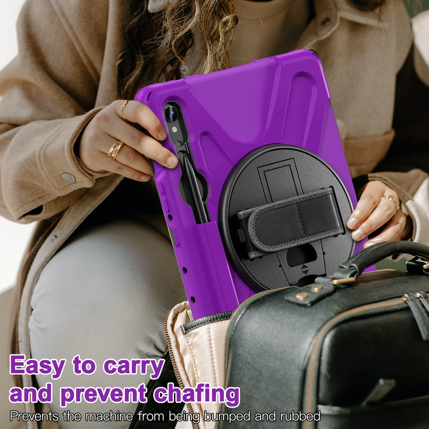 For Samsung Galaxy Tab S9 FE / S9 X710 / S8 X700 / S7 T870 Wrist Strap Tablet Case PC+Silicone Kickstand Protective Cover - Purple