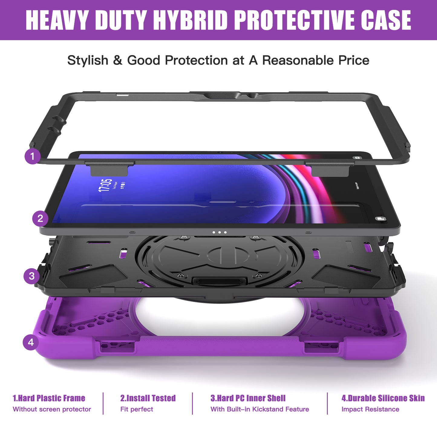 For Samsung Galaxy Tab S9 FE / S9 X710 / S8 X700 / S7 T870 Wrist Strap Tablet Case PC+Silicone Kickstand Protective Cover - Purple