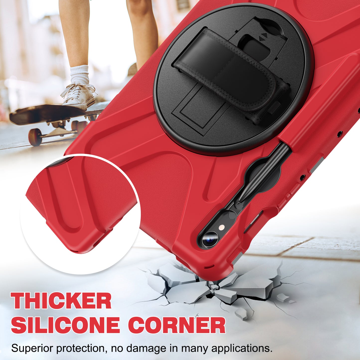 For Samsung Galaxy Tab S9 FE / S9 X710 / S8 X700 / S7 T870 Wrist Strap Tablet Case PC+Silicone Kickstand Protective Cover - Red