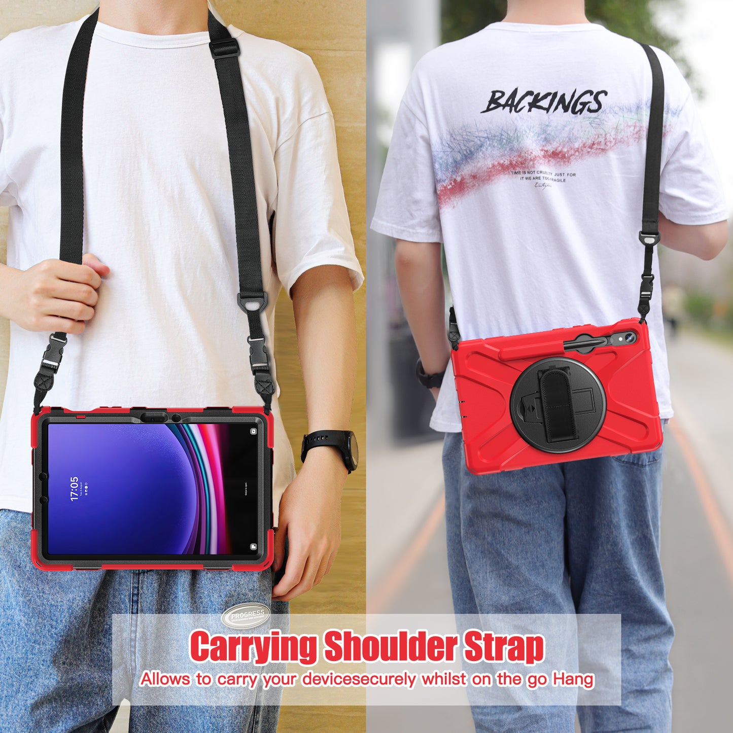 For Samsung Galaxy Tab S9 FE / S9 X710 / S8 X700 / S7 T870 PC+Silicone Tablet Case Kickstand Cover with Hand Strap / Shoulder Strap - Red