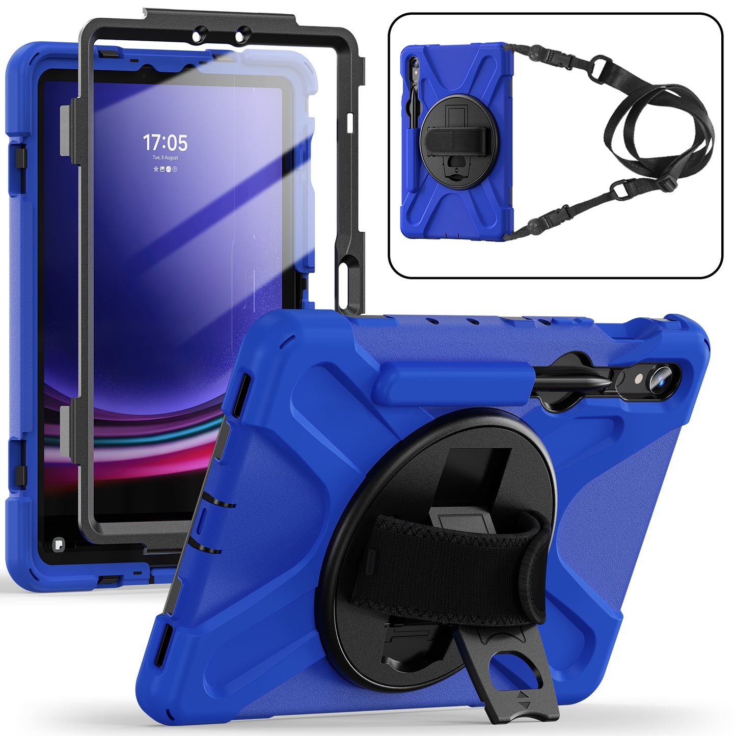 For Samsung Galaxy Tab S9 FE / S9 X710 / S8 X700 / S7 T870 PC+Silicone Tablet Case Kickstand Cover with Hand Strap / Shoulder Strap - Blue