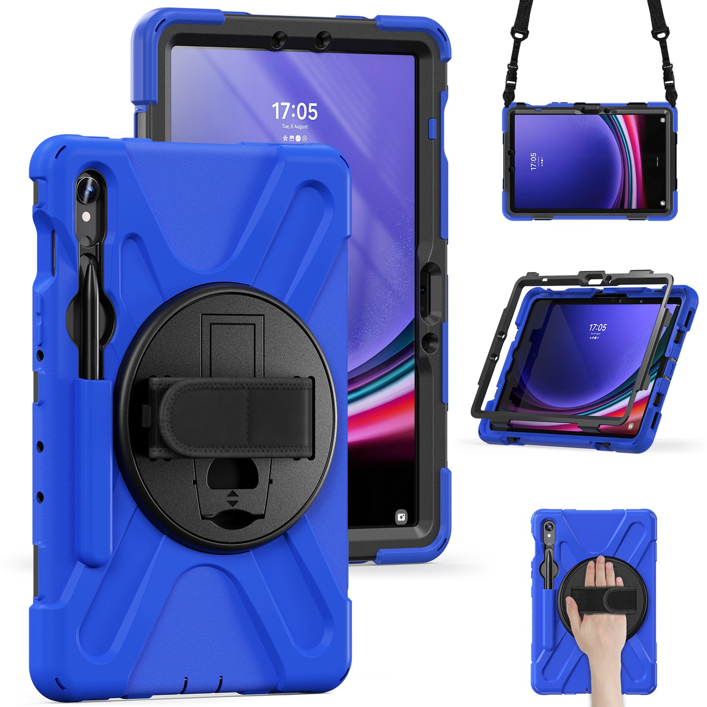For Samsung Galaxy Tab S9 FE / S9 X710 / S8 X700 / S7 T870 PC+Silicone Tablet Case Kickstand Cover with Hand Strap / Shoulder Strap - Blue