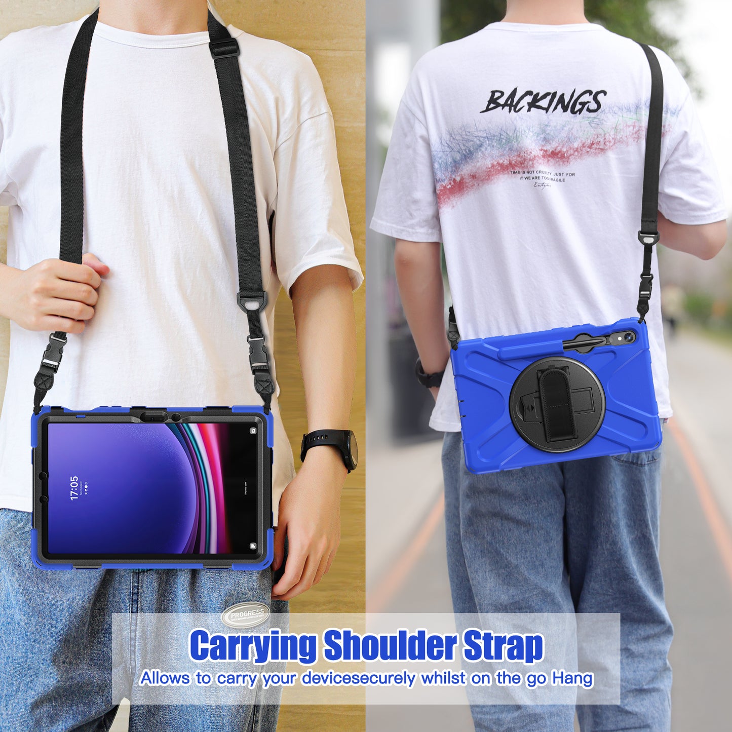 For Samsung Galaxy Tab S9 FE / S9 X710 / S8 X700 / S7 T870 PC+Silicone Tablet Case Kickstand Cover with Hand Strap / Shoulder Strap - Blue