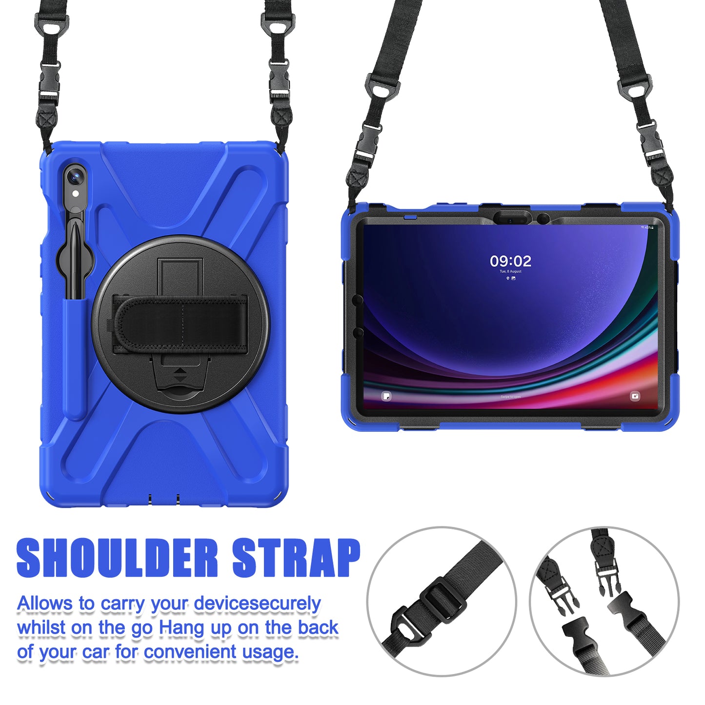 For Samsung Galaxy Tab S9 FE / S9 X710 / S8 X700 / S7 T870 PC+Silicone Tablet Case Kickstand Cover with Hand Strap / Shoulder Strap - Blue