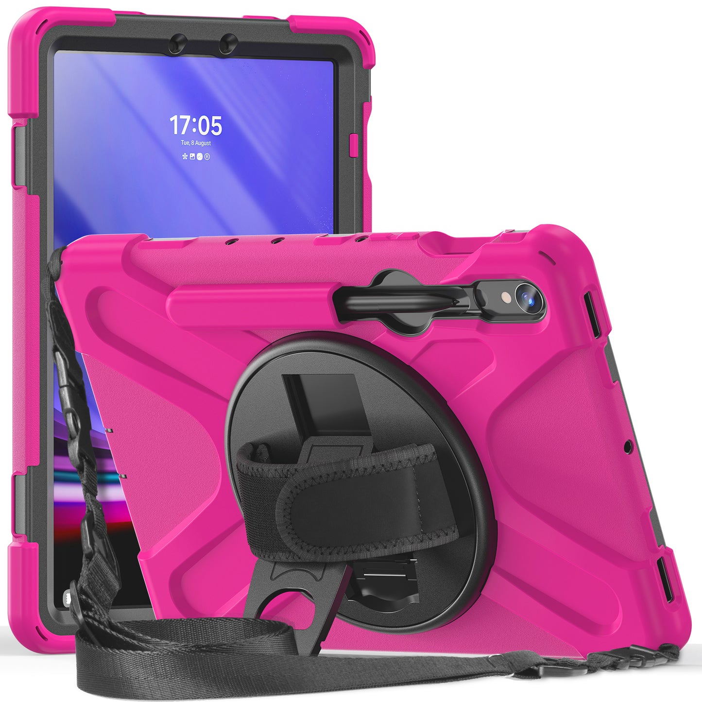 For Samsung Galaxy Tab S9 FE / S9 X710 / S8 X700 / S7 T870 PC+Silicone Tablet Case Kickstand Cover with Hand Strap / Shoulder Strap - Rose