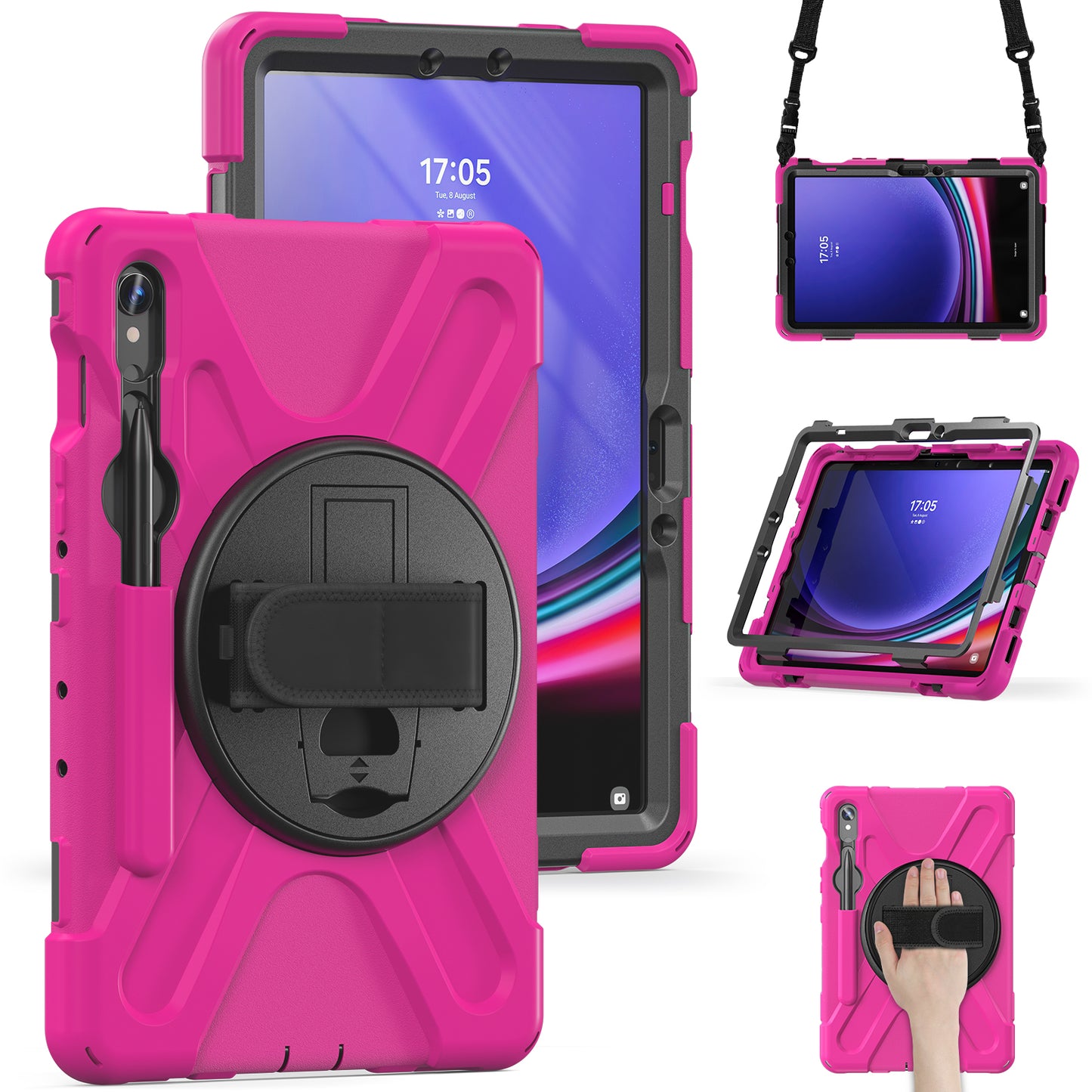 For Samsung Galaxy Tab S9 FE / S9 X710 / S8 X700 / S7 T870 PC+Silicone Tablet Case Kickstand Cover with Hand Strap / Shoulder Strap - Rose