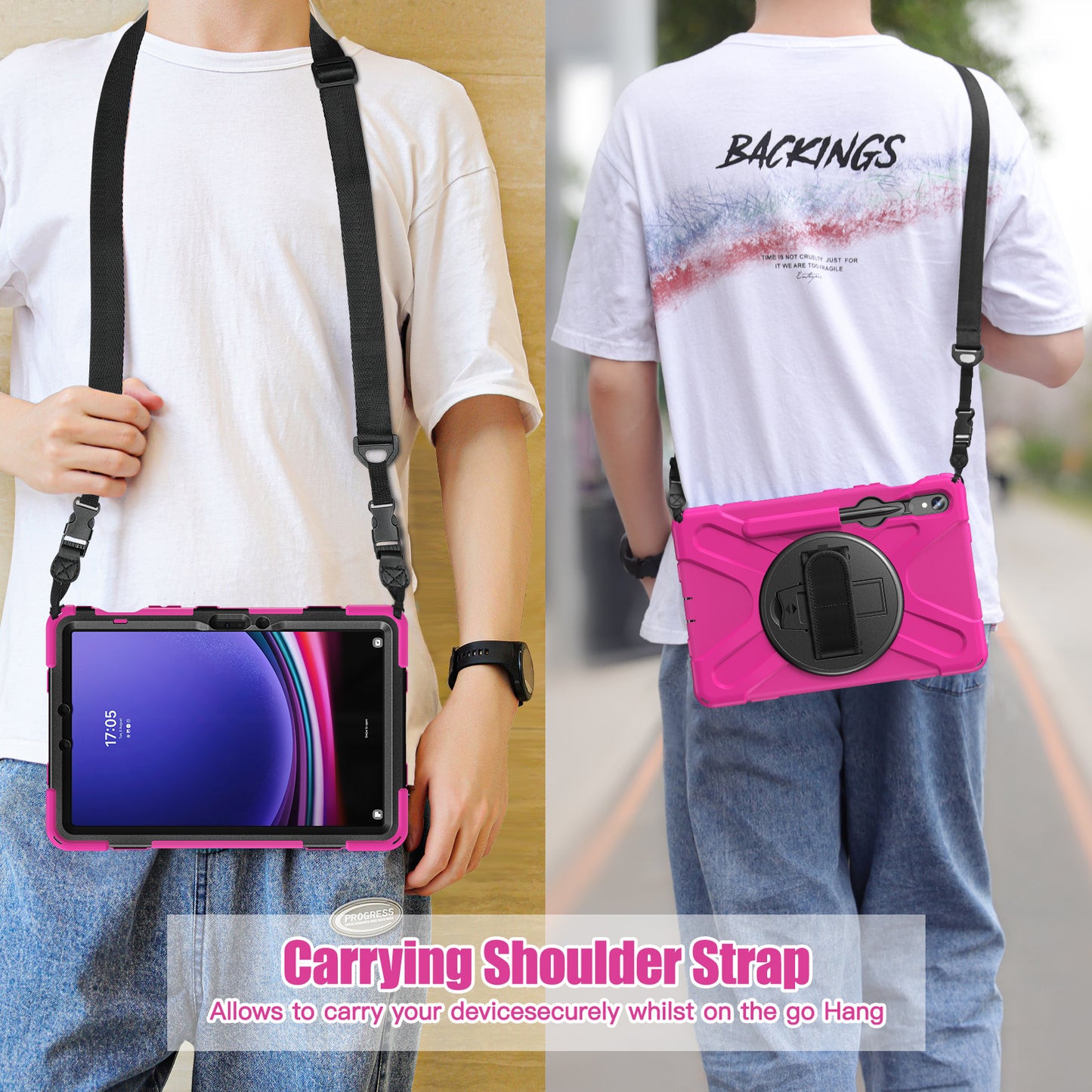 For Samsung Galaxy Tab S9 FE / S9 X710 / S8 X700 / S7 T870 PC+Silicone Tablet Case Kickstand Cover with Hand Strap / Shoulder Strap - Rose