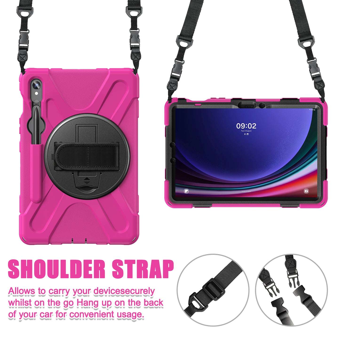 For Samsung Galaxy Tab S9 FE / S9 X710 / S8 X700 / S7 T870 PC+Silicone Tablet Case Kickstand Cover with Hand Strap / Shoulder Strap - Rose