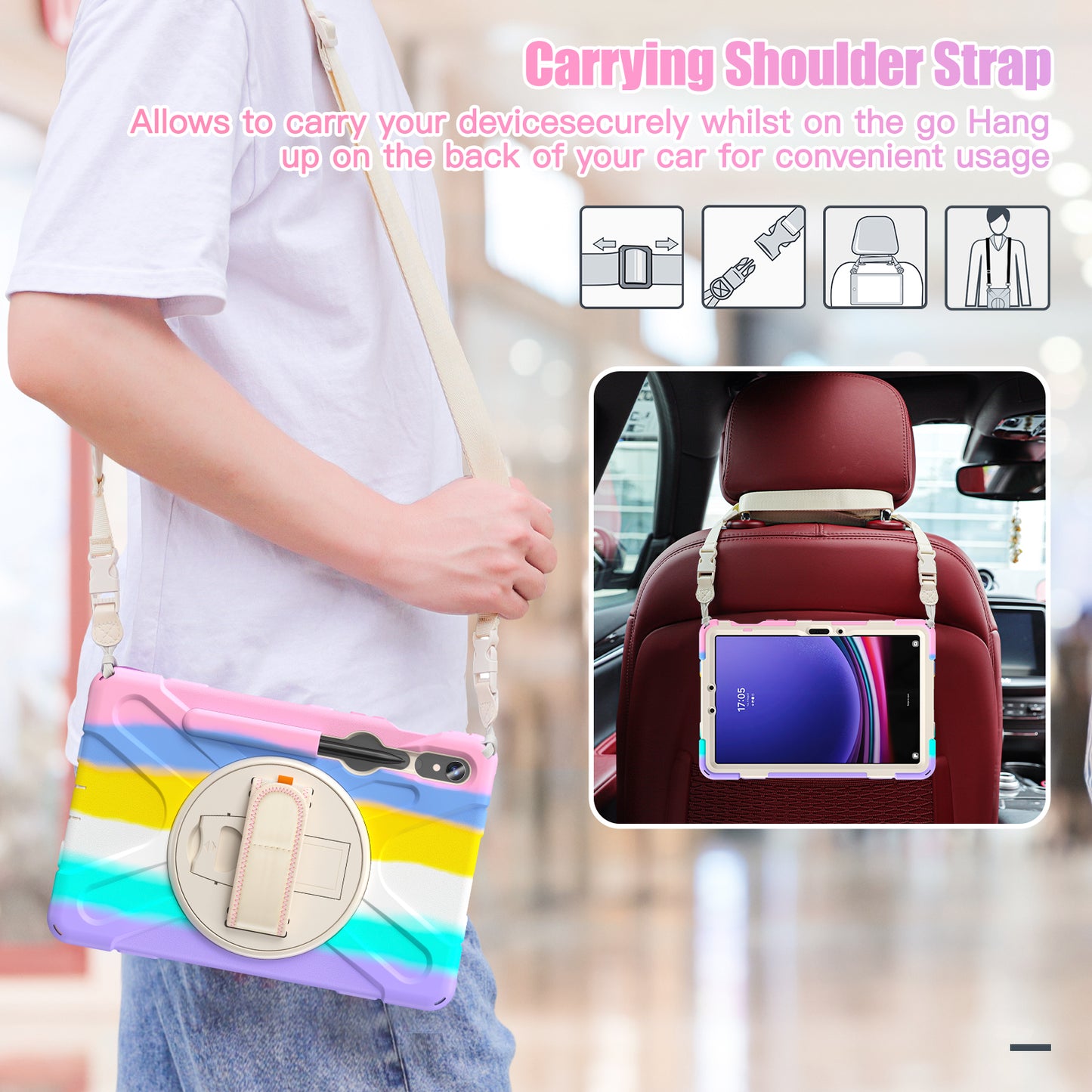 For Samsung Galaxy Tab S9 FE / S9 X710 / S8 X700 / S7 T870 PC+Silicone Tablet Case Kickstand Cover with Hand Strap / Shoulder Strap - Colorful Pink