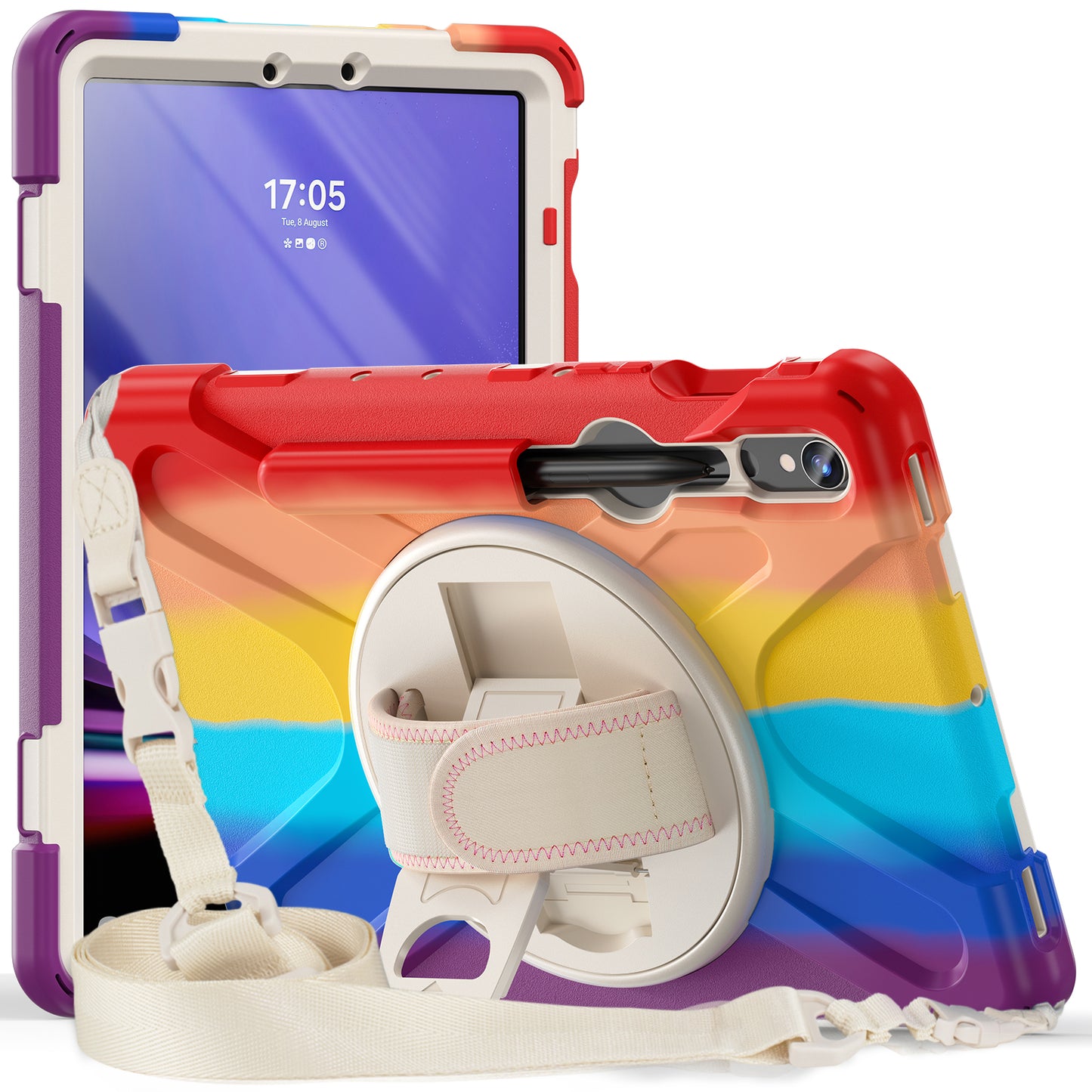 For Samsung Galaxy Tab S9 FE / S9 X710 / S8 X700 / S7 T870 PC+Silicone Tablet Case Kickstand Cover with Hand Strap / Shoulder Strap - Colorful Red