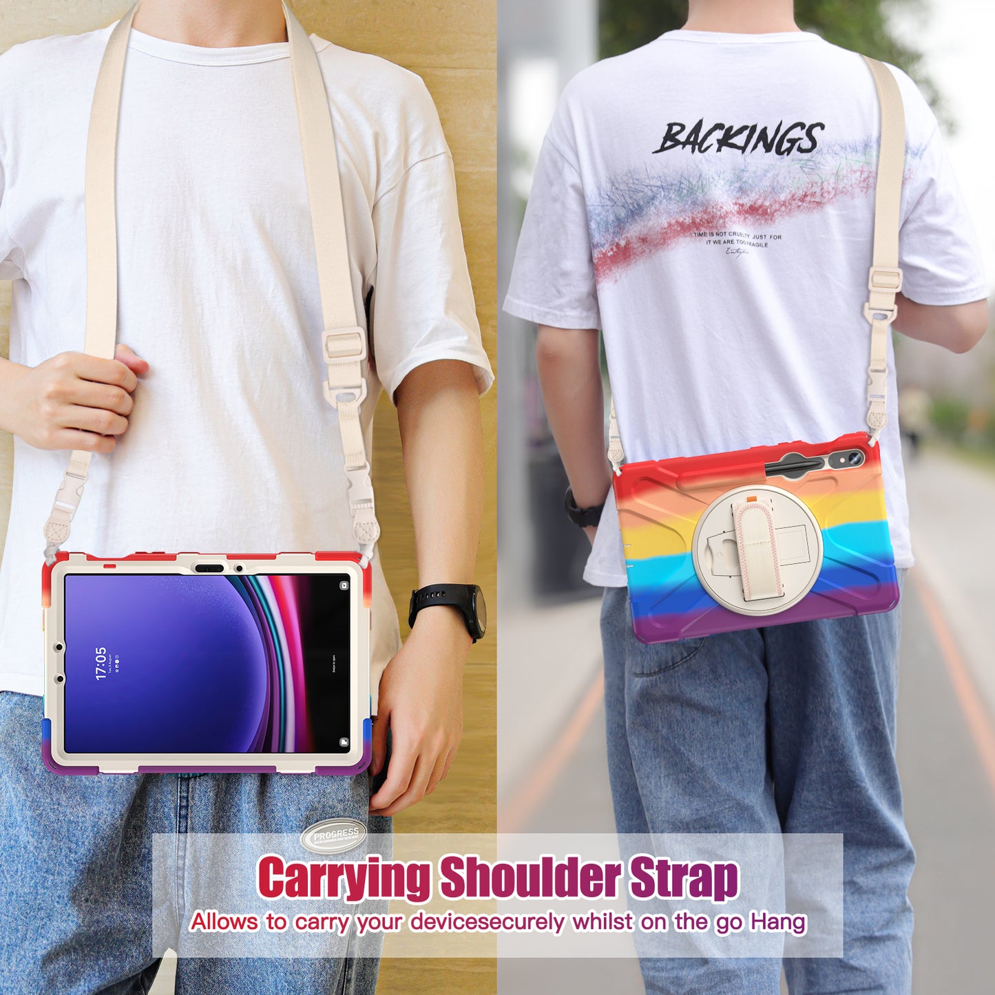 For Samsung Galaxy Tab S9 FE / S9 X710 / S8 X700 / S7 T870 PC+Silicone Tablet Case Kickstand Cover with Hand Strap / Shoulder Strap - Colorful Red