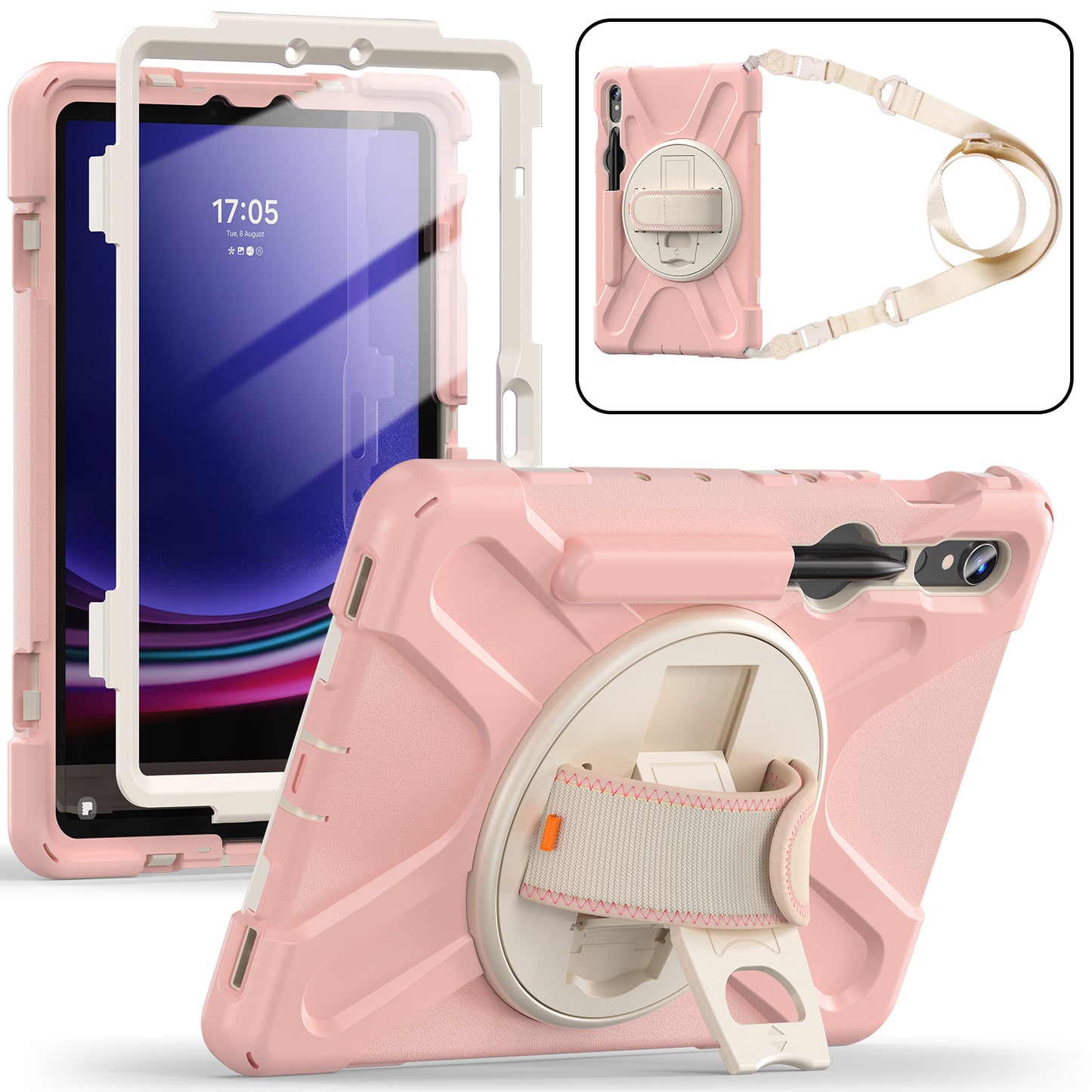 For Samsung Galaxy Tab S9 FE / S9 X710 / S8 X700 / S7 T870 PC+Silicone Tablet Case Kickstand Cover with Hand Strap / Shoulder Strap - Pink