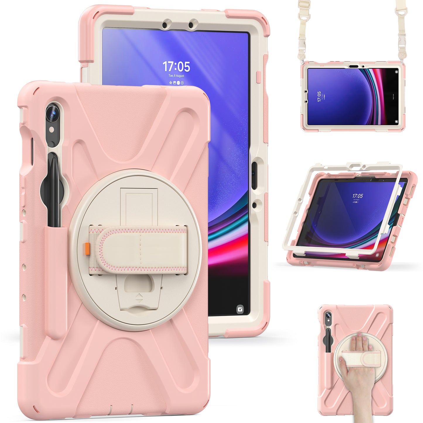For Samsung Galaxy Tab S9 FE / S9 X710 / S8 X700 / S7 T870 PC+Silicone Tablet Case Kickstand Cover with Hand Strap / Shoulder Strap - Pink