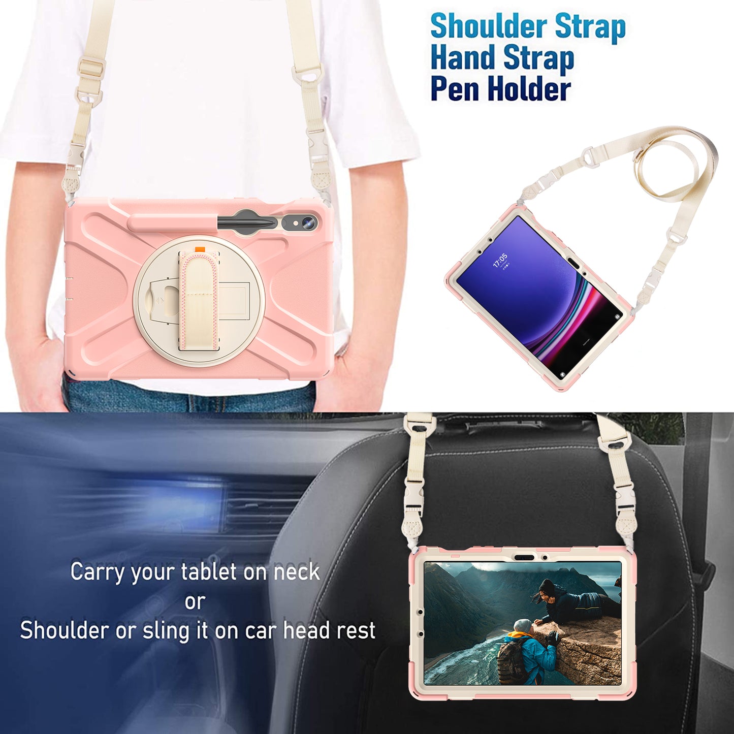 For Samsung Galaxy Tab S9 FE / S9 X710 / S8 X700 / S7 T870 PC+Silicone Tablet Case Kickstand Cover with Hand Strap / Shoulder Strap - Pink