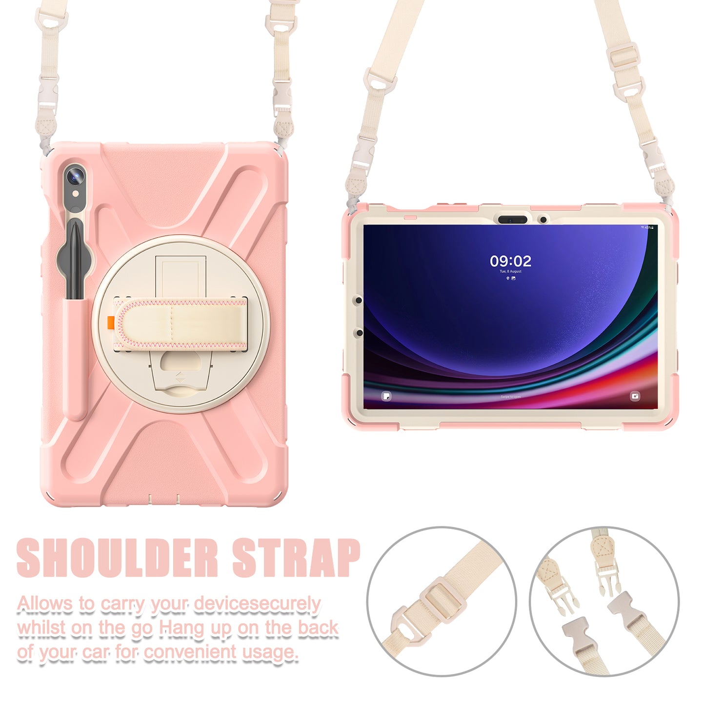 For Samsung Galaxy Tab S9 FE / S9 X710 / S8 X700 / S7 T870 PC+Silicone Tablet Case Kickstand Cover with Hand Strap / Shoulder Strap - Pink