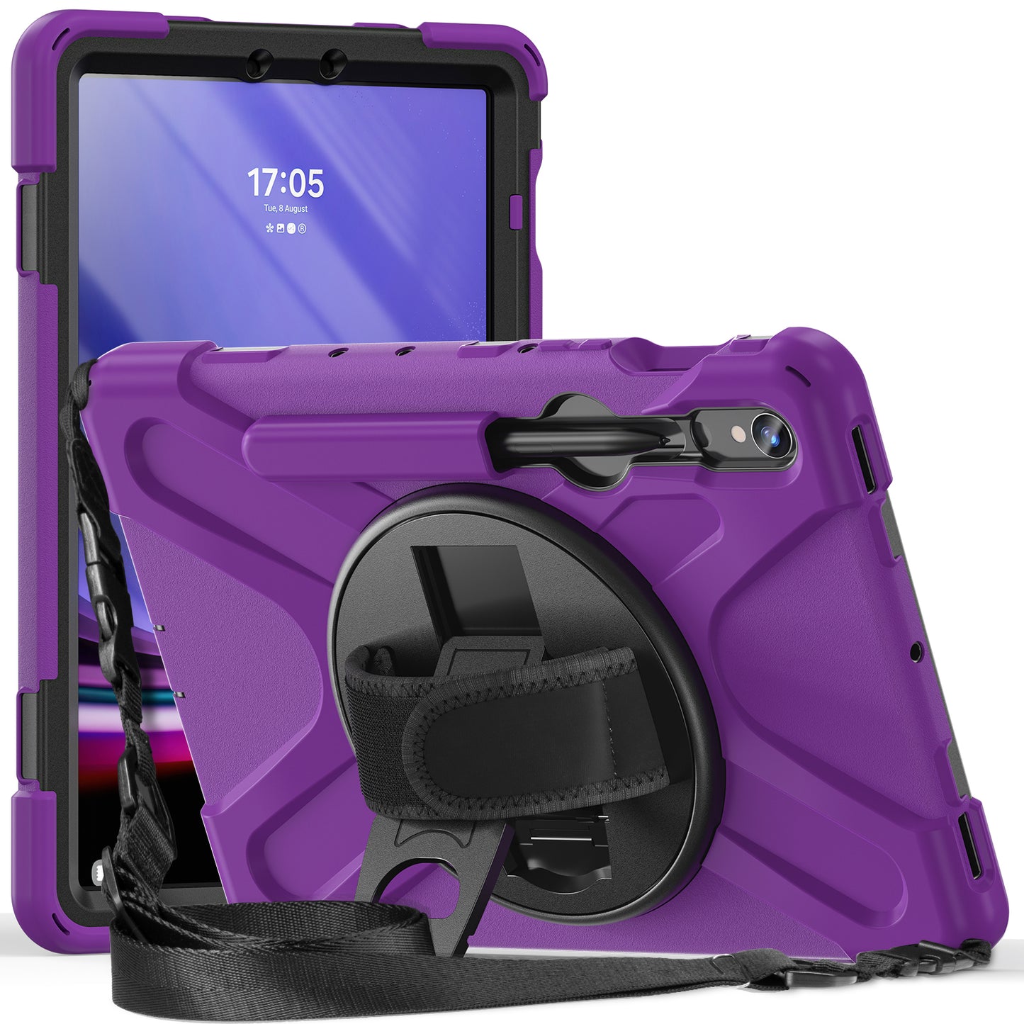 For Samsung Galaxy Tab S9 FE / S9 X710 / S8 X700 / S7 T870 PC+Silicone Tablet Case Kickstand Cover with Hand Strap / Shoulder Strap - Purple