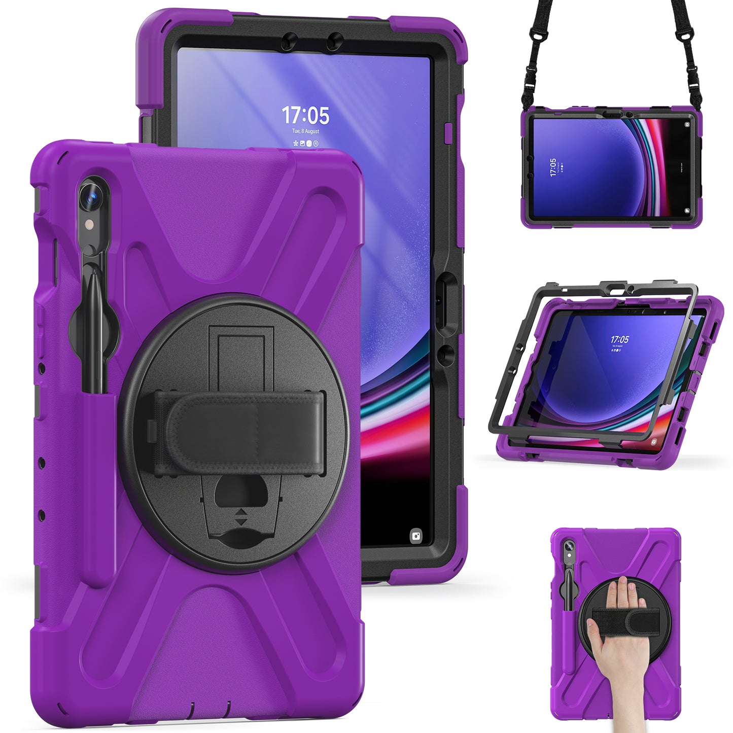 For Samsung Galaxy Tab S9 FE / S9 X710 / S8 X700 / S7 T870 PC+Silicone Tablet Case Kickstand Cover with Hand Strap / Shoulder Strap - Purple