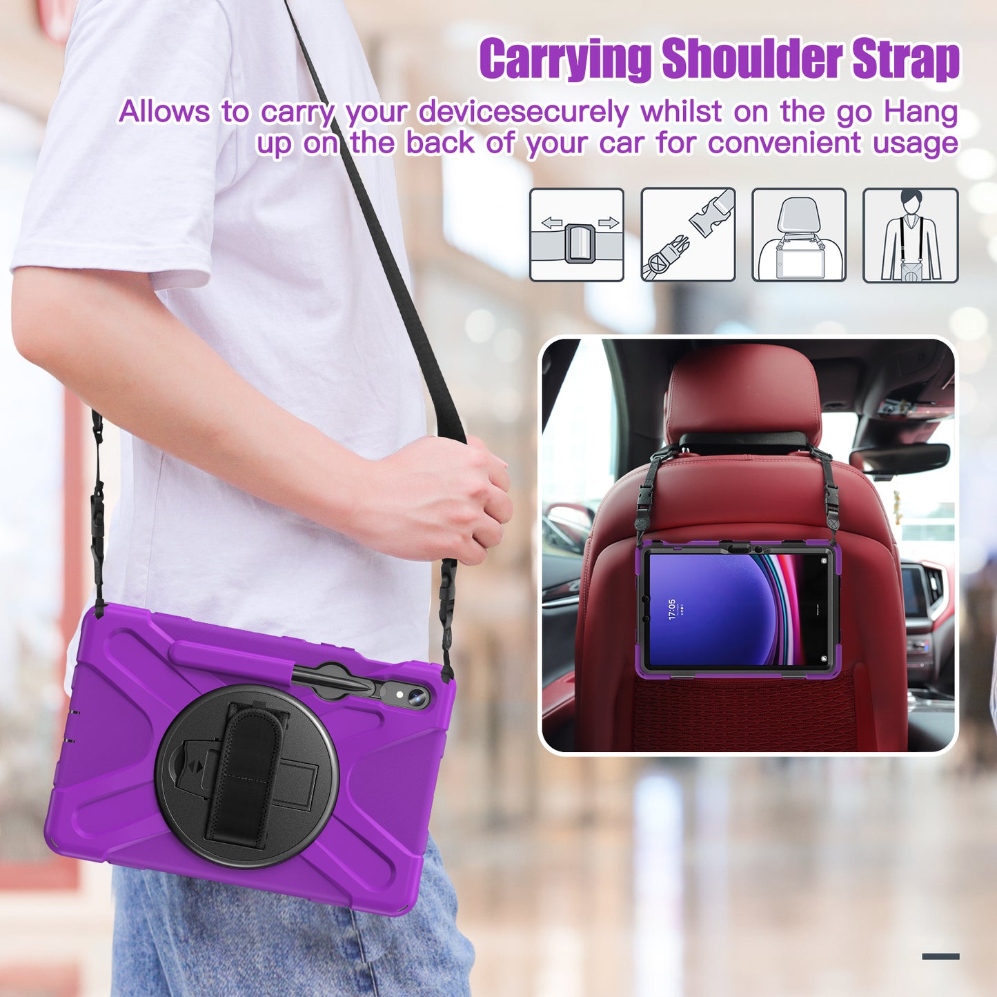For Samsung Galaxy Tab S9 FE / S9 X710 / S8 X700 / S7 T870 PC+Silicone Tablet Case Kickstand Cover with Hand Strap / Shoulder Strap - Purple