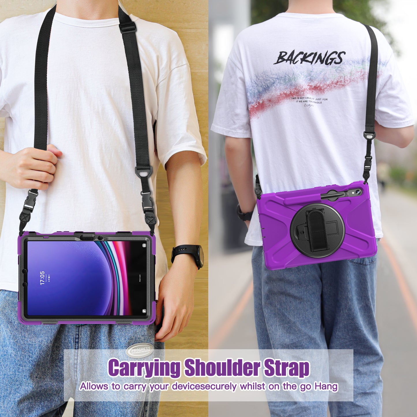 For Samsung Galaxy Tab S9 FE / S9 X710 / S8 X700 / S7 T870 PC+Silicone Tablet Case Kickstand Cover with Hand Strap / Shoulder Strap - Purple