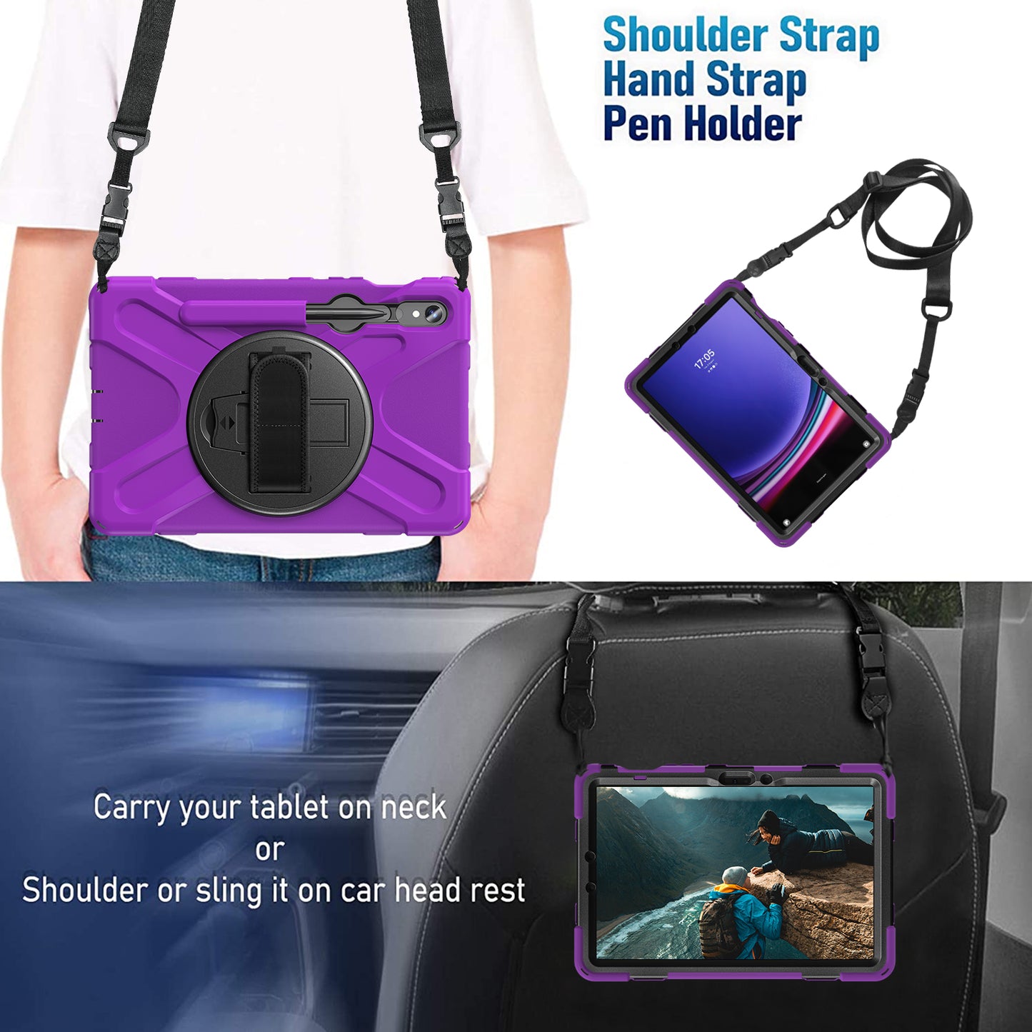 For Samsung Galaxy Tab S9 FE / S9 X710 / S8 X700 / S7 T870 PC+Silicone Tablet Case Kickstand Cover with Hand Strap / Shoulder Strap - Purple