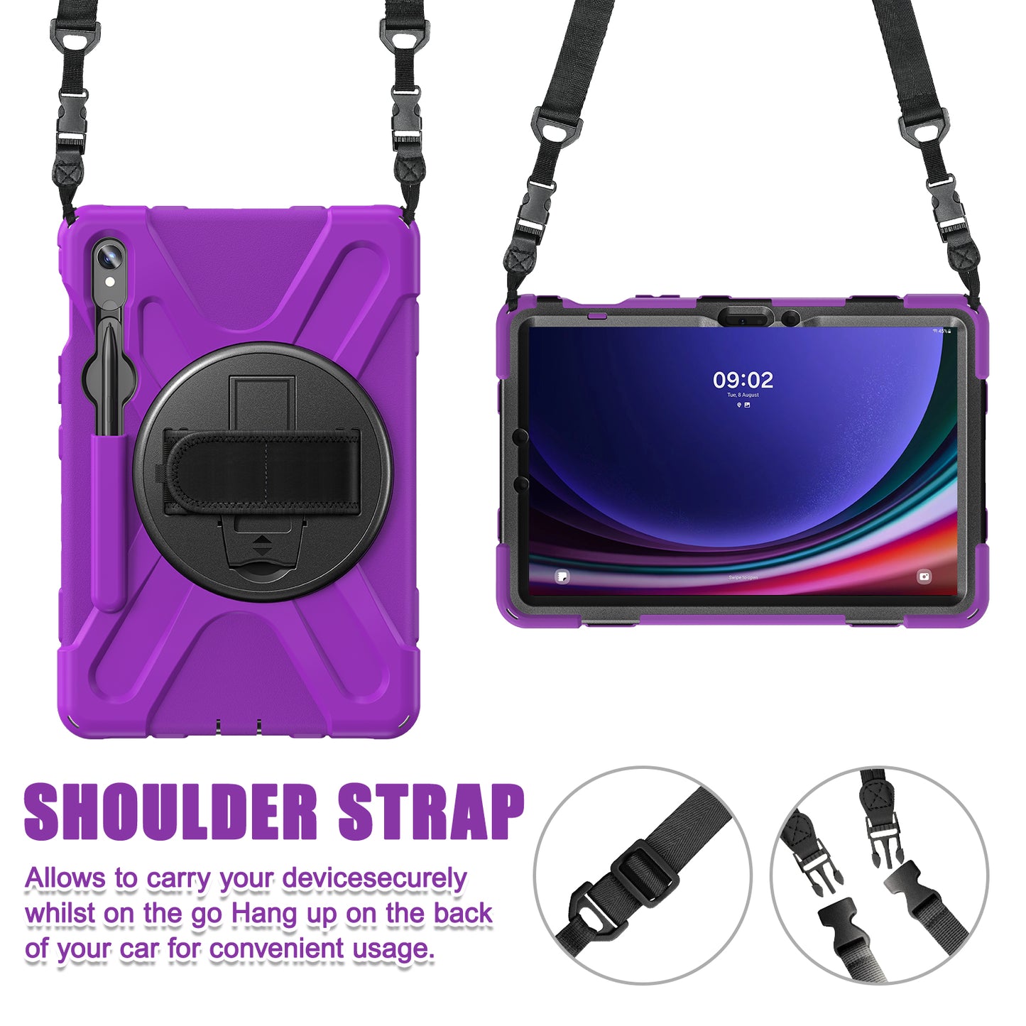 For Samsung Galaxy Tab S9 FE / S9 X710 / S8 X700 / S7 T870 PC+Silicone Tablet Case Kickstand Cover with Hand Strap / Shoulder Strap - Purple